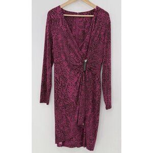 Calvin Klein Women's Purple Printed‎ Silver Bar Ruched V-Neck Dress See Photos